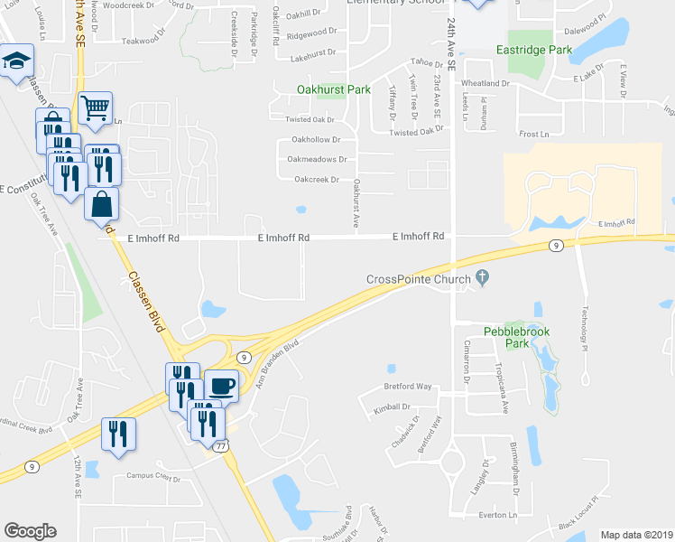 map of restaurants, bars, coffee shops, grocery stores, and more near 1800 East Imhoff Road in Norman