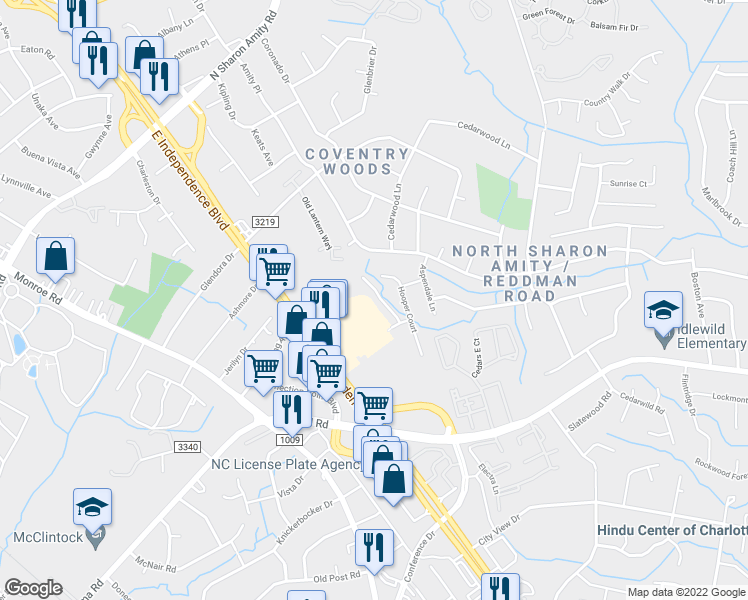 map of restaurants, bars, coffee shops, grocery stores, and more near 1630 Joseph Hewes Court in Charlotte
