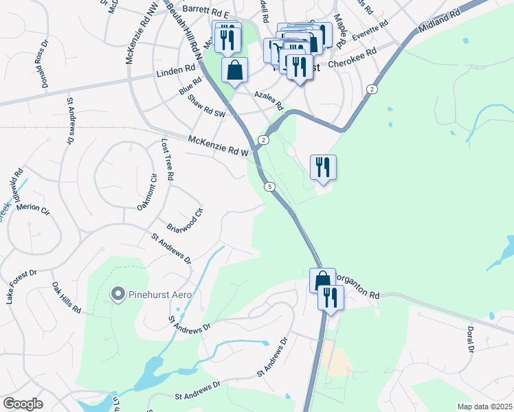 map of restaurants, bars, coffee shops, grocery stores, and more near 85 Pine Valley Road in Pinehurst