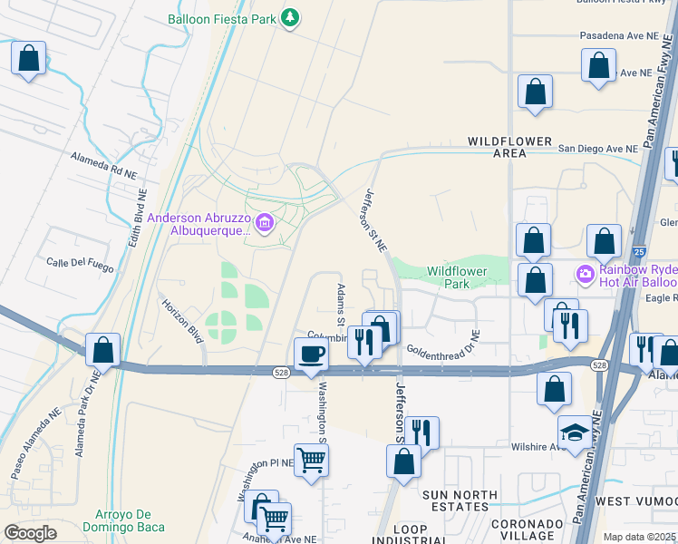 map of restaurants, bars, coffee shops, grocery stores, and more near 9099 Washington Street Northeast in Albuquerque