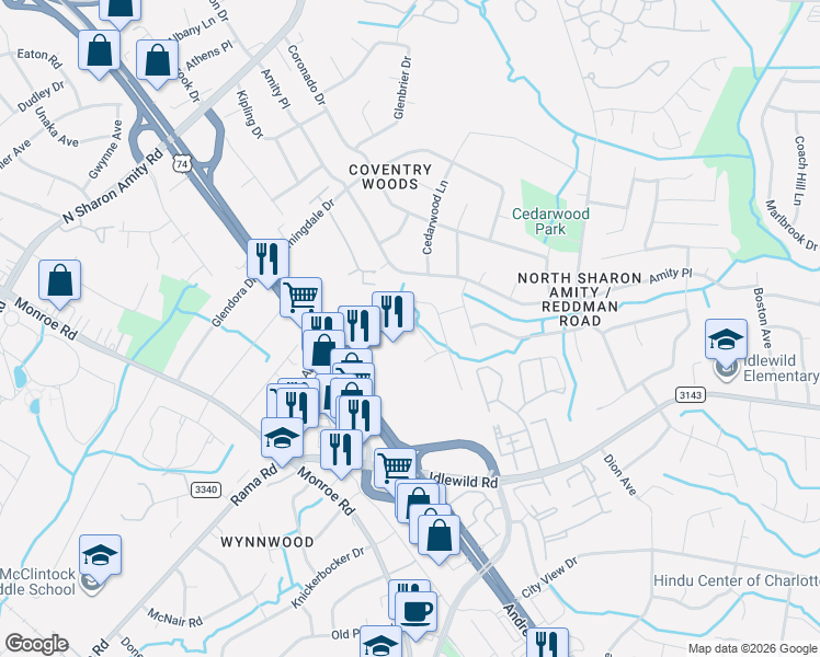 map of restaurants, bars, coffee shops, grocery stores, and more near 1630 Joseph Hewes Court in Charlotte