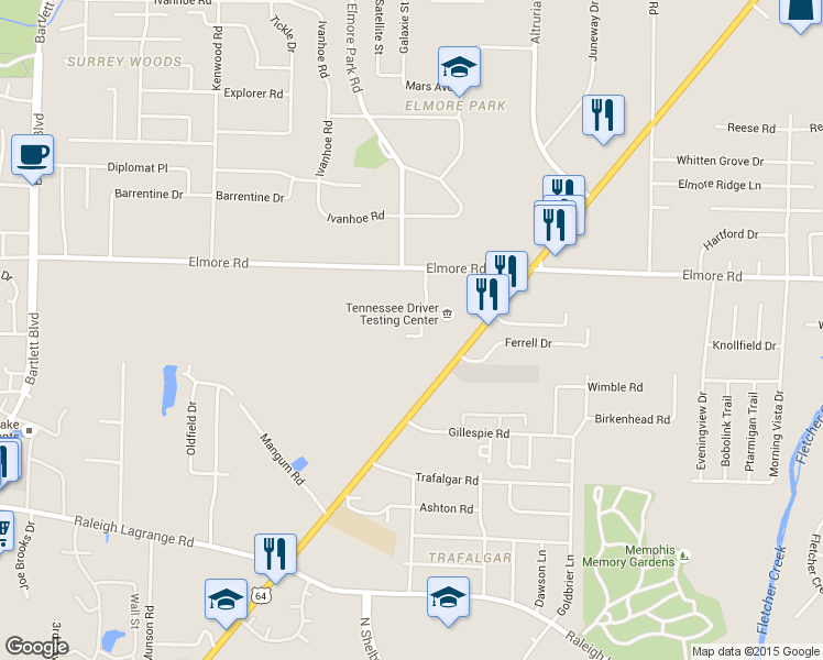 map of restaurants, bars, coffee shops, grocery stores, and more near 2289 Brannick Drive in Bartlett