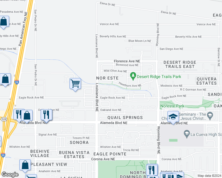 map of restaurants, bars, coffee shops, grocery stores, and more near 9028 Jasper Drive Northeast in Albuquerque