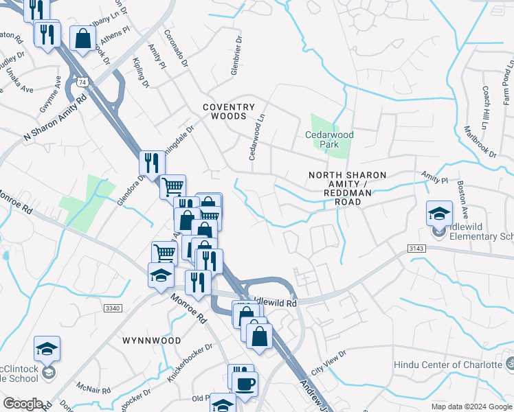 map of restaurants, bars, coffee shops, grocery stores, and more near 1714 Hooper Court in Charlotte