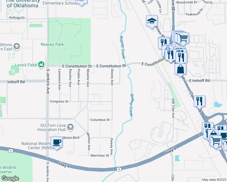 map of restaurants, bars, coffee shops, grocery stores, and more near 2815 Dewey Avenue in Norman
