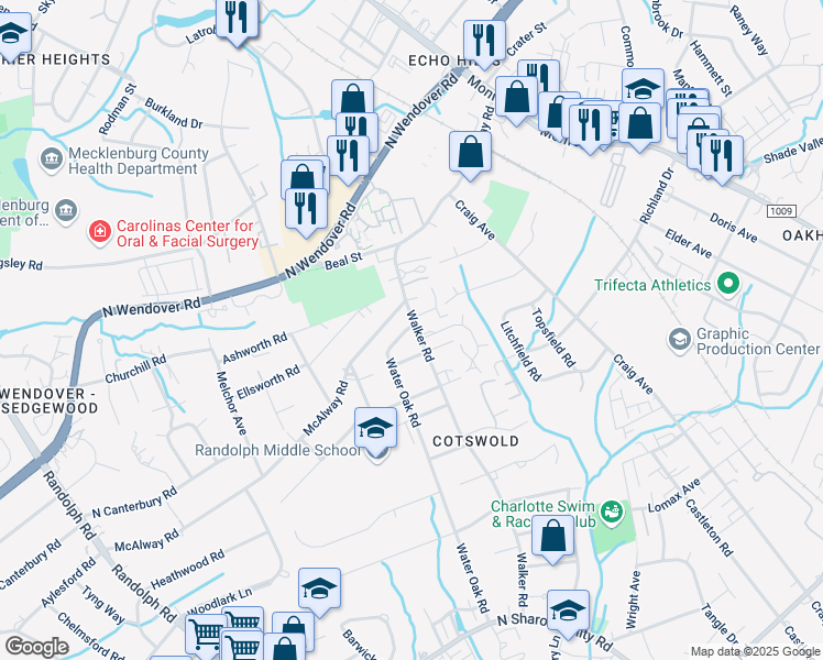 map of restaurants, bars, coffee shops, grocery stores, and more near 4124 Walker Road in Charlotte