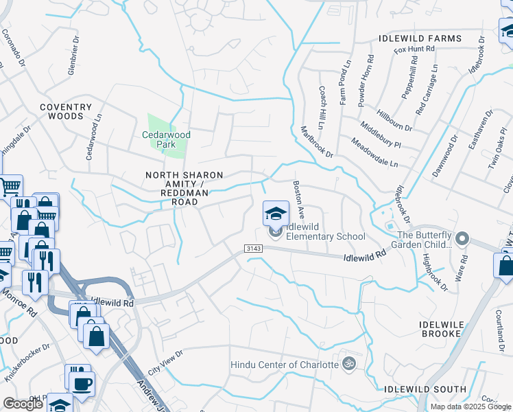 map of restaurants, bars, coffee shops, grocery stores, and more near 6840 Elm Forest Drive in Charlotte
