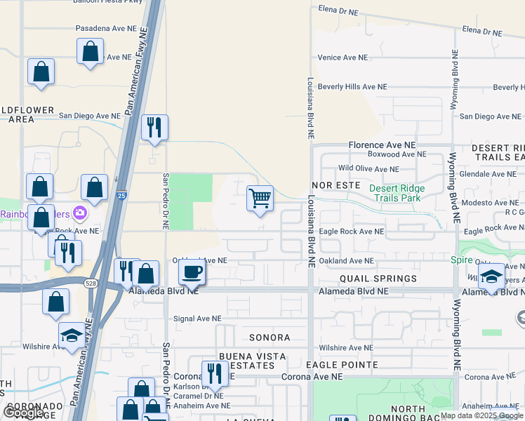 map of restaurants, bars, coffee shops, grocery stores, and more near 6700 Modesto Avenue in Albuquerque
