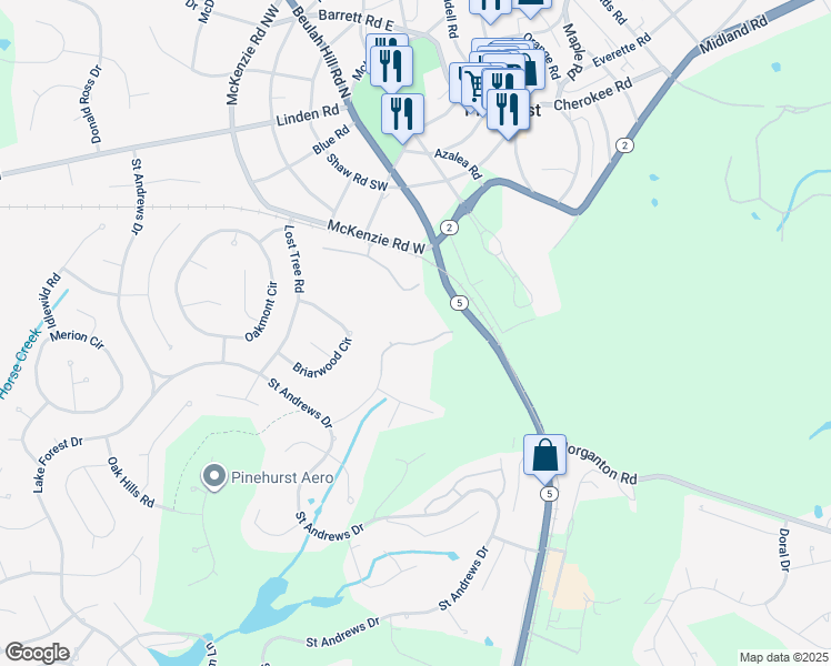 map of restaurants, bars, coffee shops, grocery stores, and more near 85 Pine Valley Road in Pinehurst