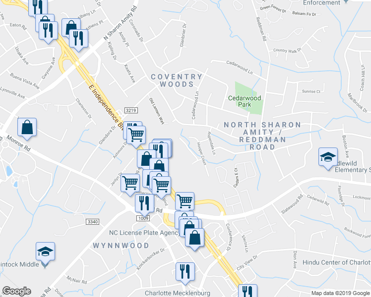 map of restaurants, bars, coffee shops, grocery stores, and more near 1630 Joseph Hewes Court in Charlotte