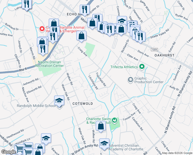 map of restaurants, bars, coffee shops, grocery stores, and more near in Charlotte