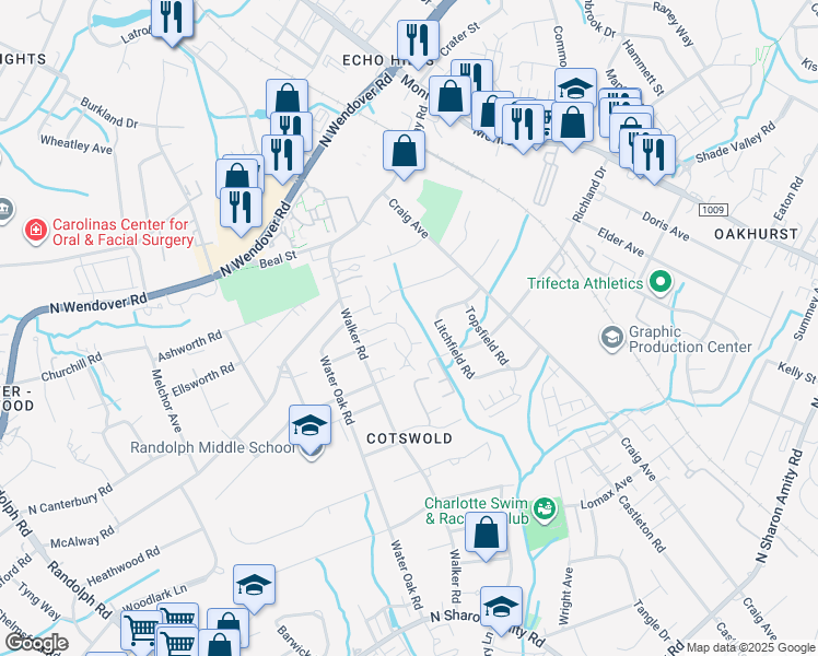 map of restaurants, bars, coffee shops, grocery stores, and more near 3704 Litchfield Road in Charlotte