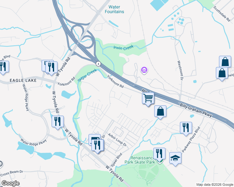 map of restaurants, bars, coffee shops, grocery stores, and more near 100 Hive Drive in Charlotte