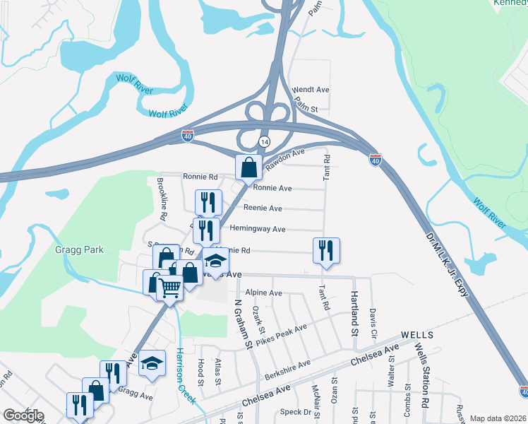 map of restaurants, bars, coffee shops, grocery stores, and more near 4025 Reenie Avenue in Memphis
