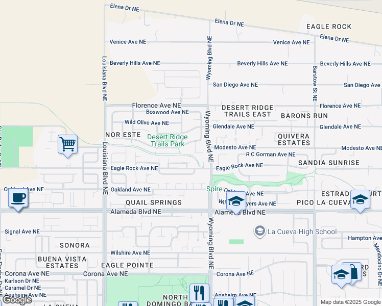 map of restaurants, bars, coffee shops, grocery stores, and more near 9001 Pinon Vista Court Northeast in Albuquerque