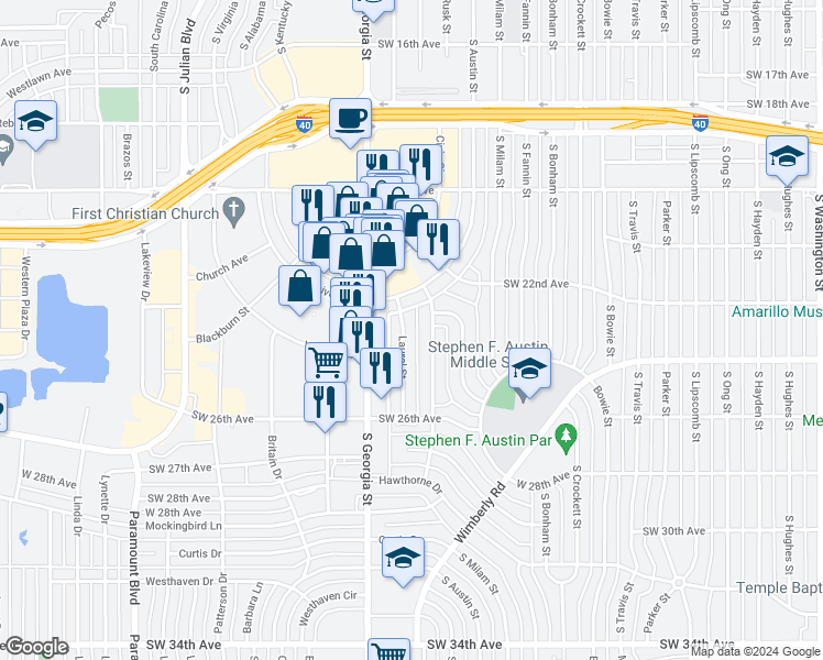 map of restaurants, bars, coffee shops, grocery stores, and more near 2211 Laurel Street in Amarillo
