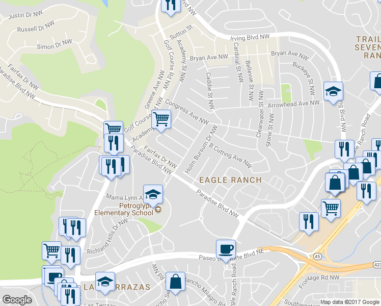 map of restaurants, bars, coffee shops, grocery stores, and more near 9808 Davenport Street Northwest in Albuquerque
