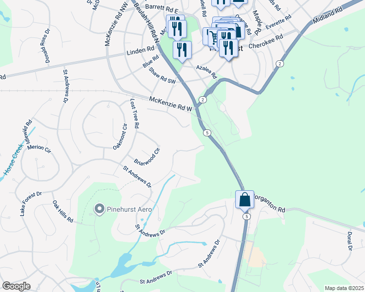 map of restaurants, bars, coffee shops, grocery stores, and more near 85 Pine Valley Road in Pinehurst