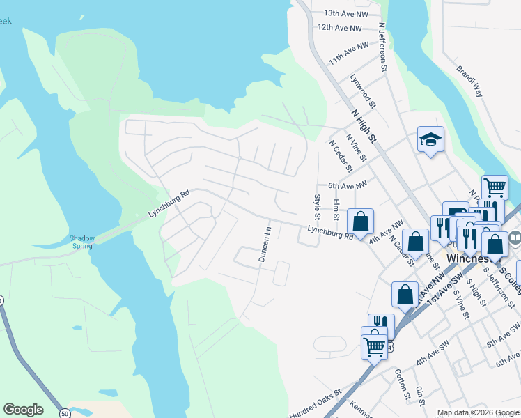 map of restaurants, bars, coffee shops, grocery stores, and more near 974 Lynchburg Road in Winchester