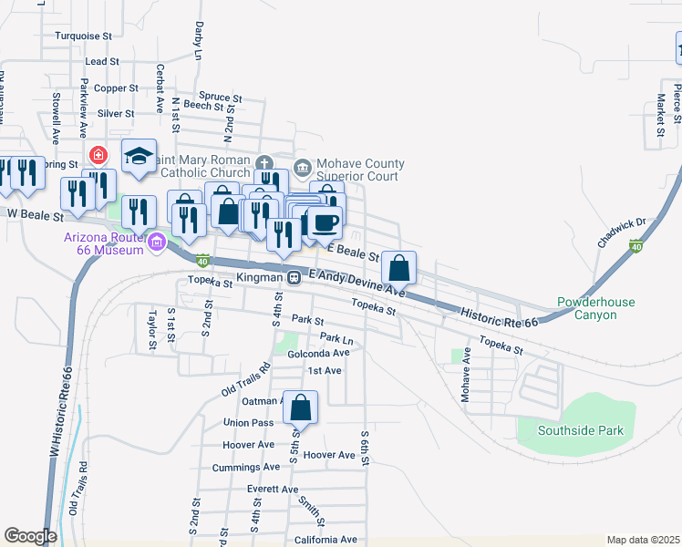 map of restaurants, bars, coffee shops, grocery stores, and more near 525 East Andy Devine Avenue in Kingman