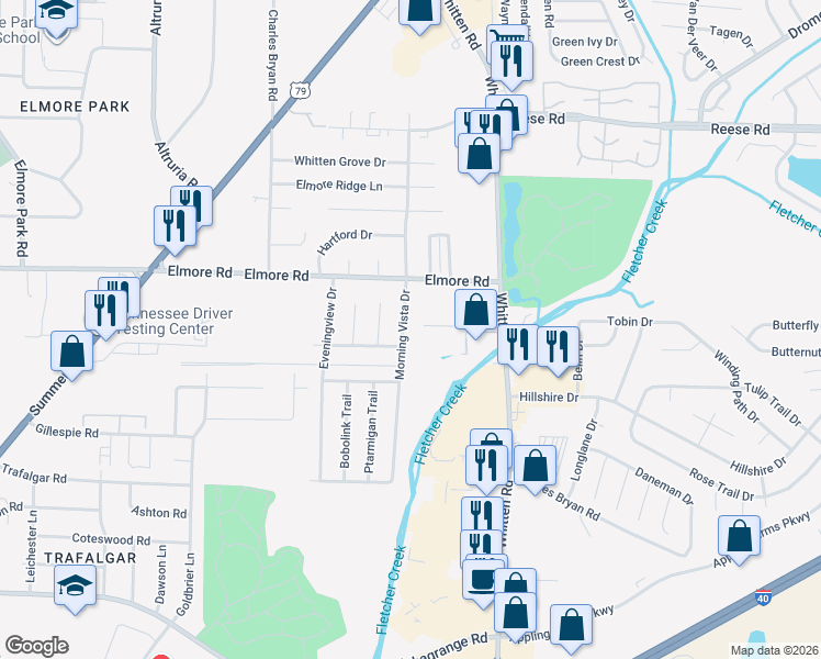 map of restaurants, bars, coffee shops, grocery stores, and more near 2308 Morning Vista Drive in Memphis