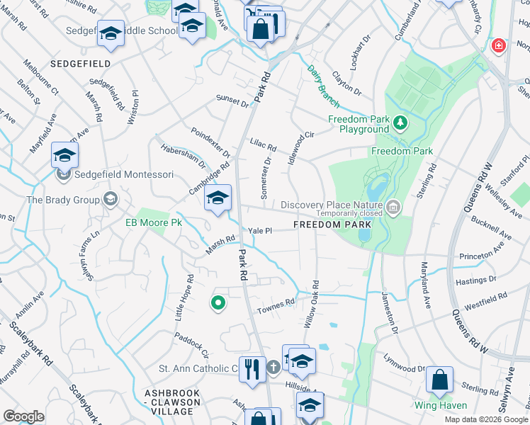 map of restaurants, bars, coffee shops, grocery stores, and more near 1132 Princeton Avenue in Charlotte