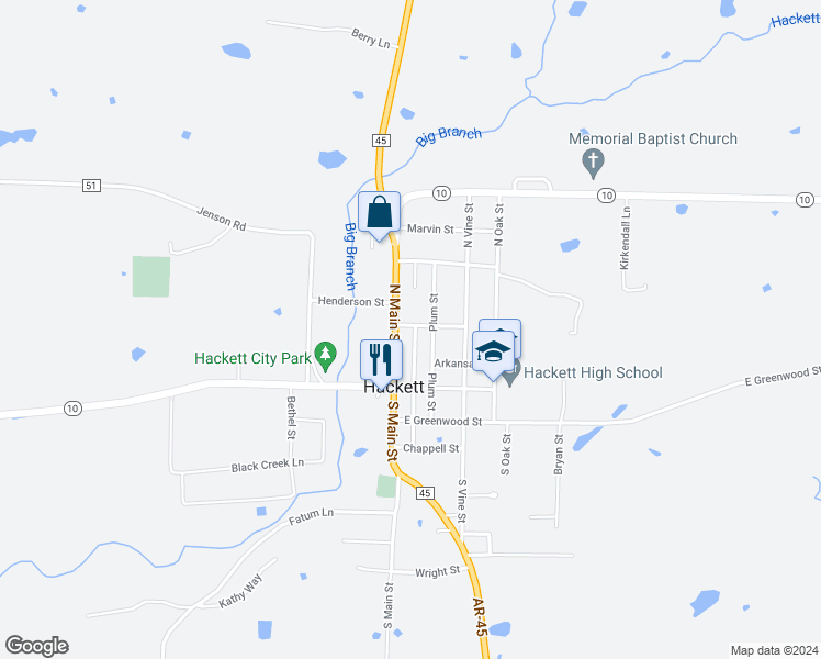 map of restaurants, bars, coffee shops, grocery stores, and more near 105 Texas Street in Hackett