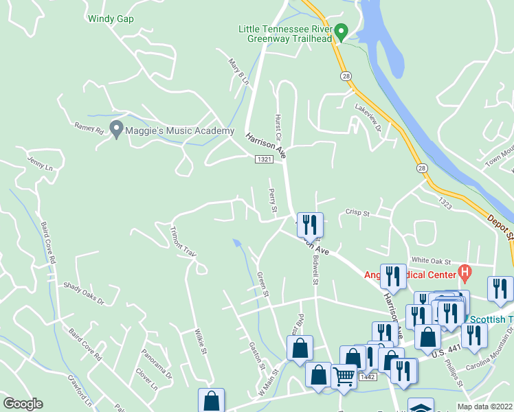 map of restaurants, bars, coffee shops, grocery stores, and more near 155 Trimont Trail in Franklin