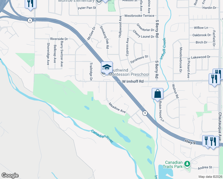 map of restaurants, bars, coffee shops, grocery stores, and more near 2816 Raintree Circle in Norman