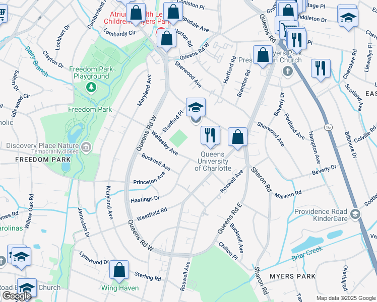map of restaurants, bars, coffee shops, grocery stores, and more near 2201 Wellesley Avenue in Charlotte