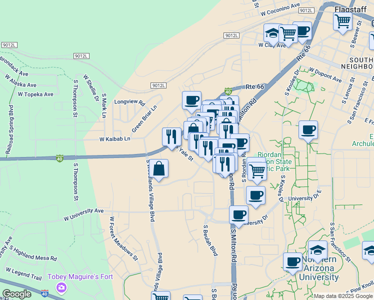 map of restaurants, bars, coffee shops, grocery stores, and more near 1302-1322 South Yale Street in Flagstaff