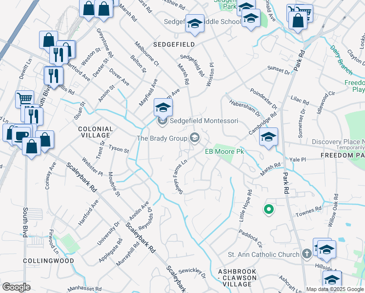 map of restaurants, bars, coffee shops, grocery stores, and more near 3224 Selwyn Farms Lane in Charlotte