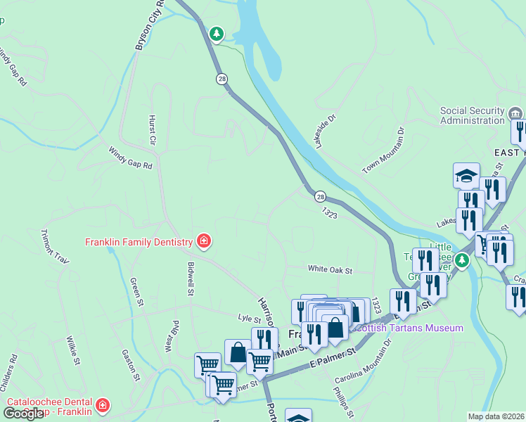 map of restaurants, bars, coffee shops, grocery stores, and more near 20 Village Circle East in Franklin