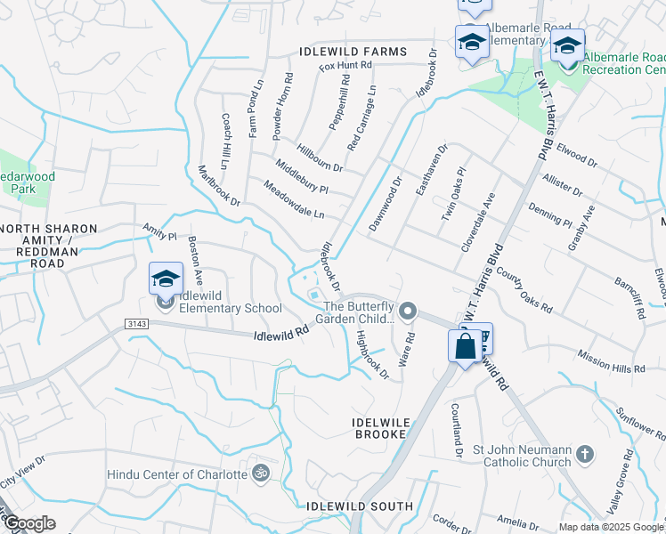 map of restaurants, bars, coffee shops, grocery stores, and more near 6513 Idlebrook Drive in Charlotte