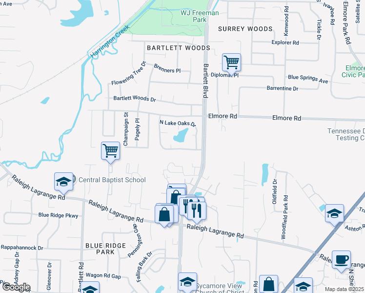 map of restaurants, bars, coffee shops, grocery stores, and more near 5760 S Lake Oaks Dr in Bartlett