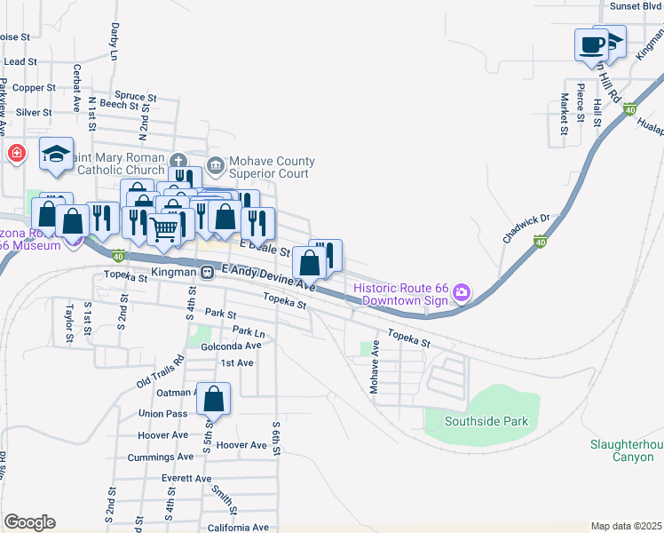 map of restaurants, bars, coffee shops, grocery stores, and more near 722 East Beale Street in Kingman
