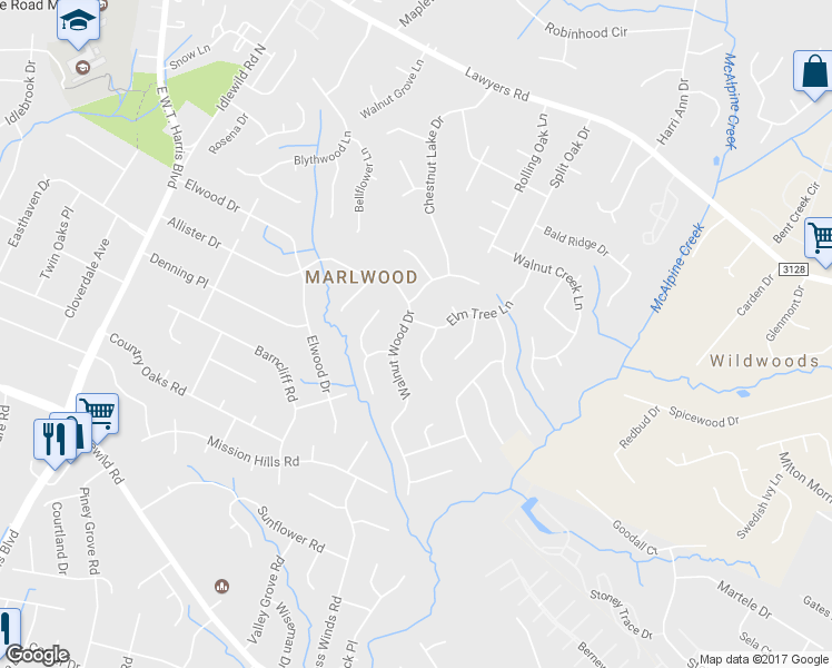 map of restaurants, bars, coffee shops, grocery stores, and more near 7424 Walnut Wood Dr in Charlotte