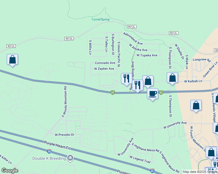 map of restaurants, bars, coffee shops, grocery stores, and more near 2506 West Cripple Creek Drive in Flagstaff