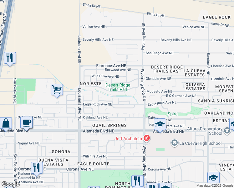 map of restaurants, bars, coffee shops, grocery stores, and more near 7324 Hawthorn Avenue Northeast in Albuquerque