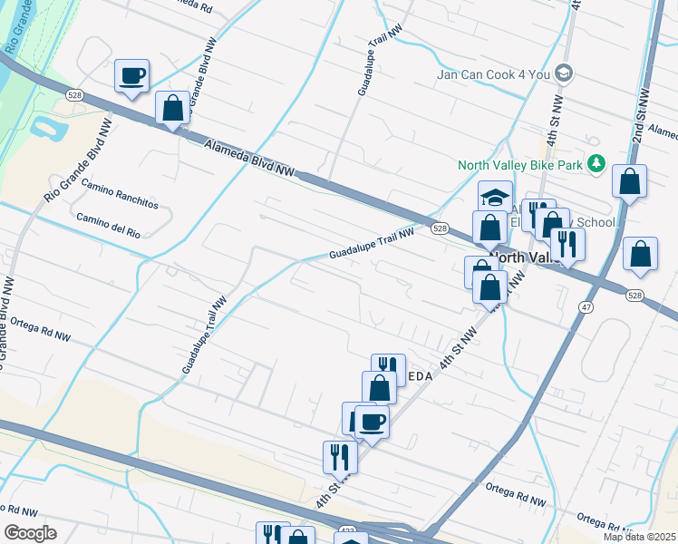 map of restaurants, bars, coffee shops, grocery stores, and more near 9314 Guadalupe Trail Northwest in Albuquerque