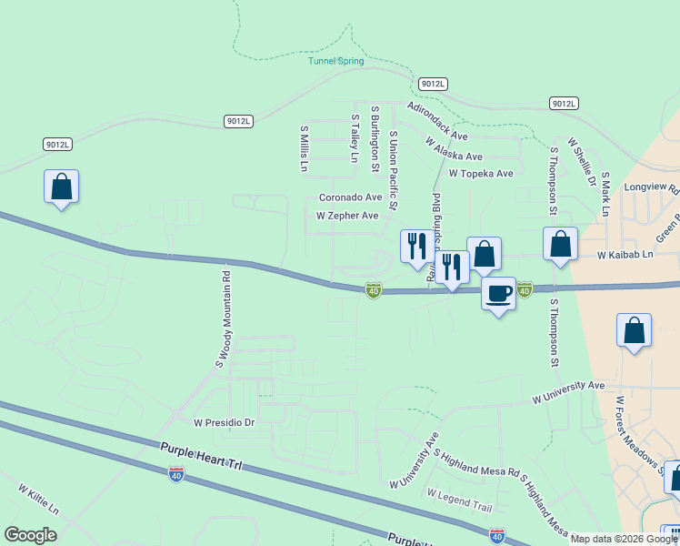 map of restaurants, bars, coffee shops, grocery stores, and more near 2601 West Cripple Creek Drive in Flagstaff