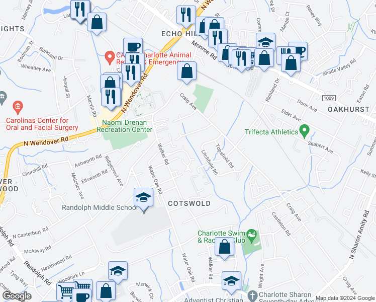 map of restaurants, bars, coffee shops, grocery stores, and more near 932 Hollywood Street in Charlotte