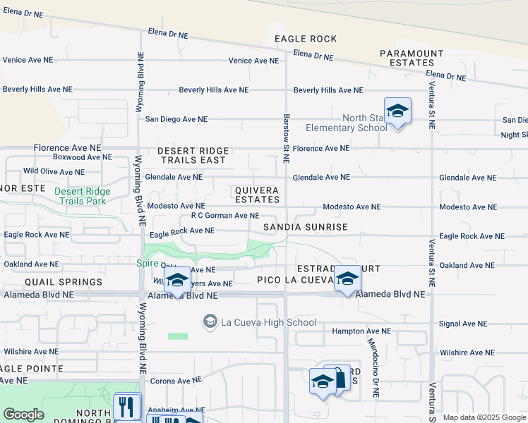 map of restaurants, bars, coffee shops, grocery stores, and more near 8217 R C Gorman Avenue Northeast in Albuquerque