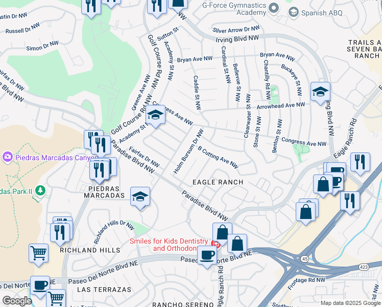 map of restaurants, bars, coffee shops, grocery stores, and more near 9312 Holm Bursum Drive Northwest in Albuquerque