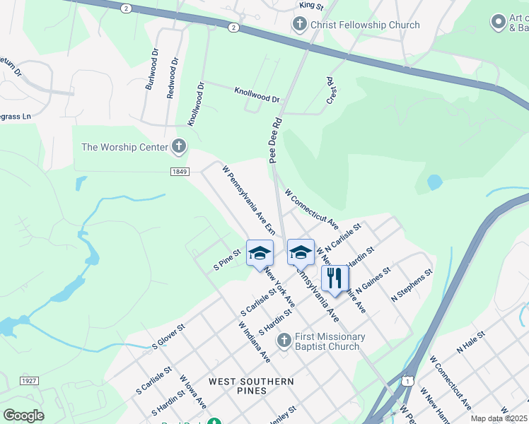 map of restaurants, bars, coffee shops, grocery stores, and more near 1465 West Pennsylvania Avenue in Southern Pines