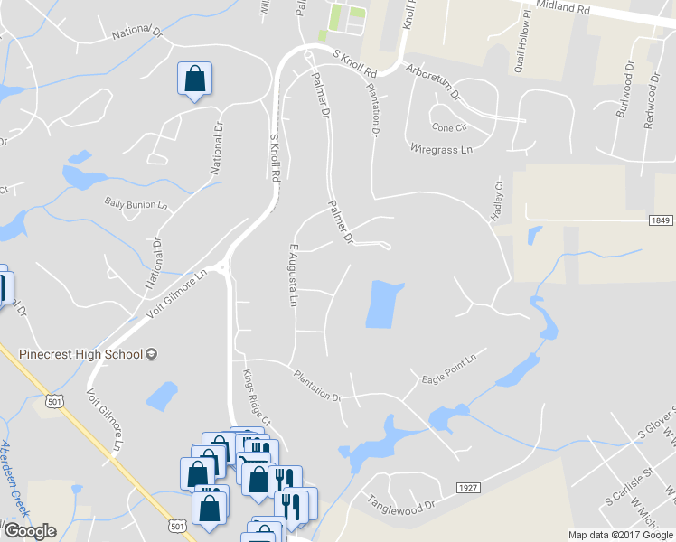map of restaurants, bars, coffee shops, grocery stores, and more near 17 Masters Ridge Place in Southern Pines