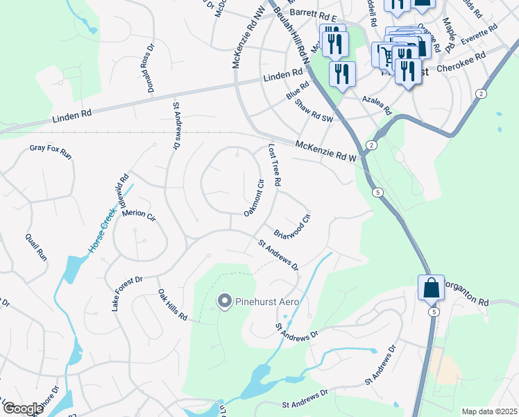 map of restaurants, bars, coffee shops, grocery stores, and more near 100 Oakmont Circle in Pinehurst