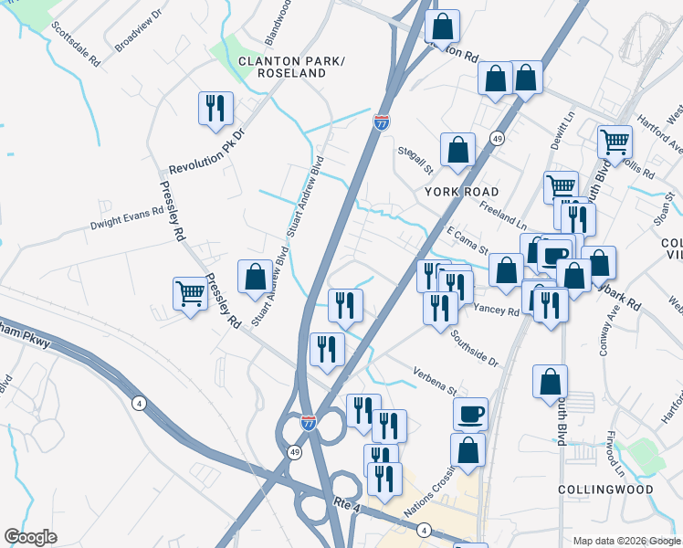 map of restaurants, bars, coffee shops, grocery stores, and more near 221 Orchard Circle in Charlotte
