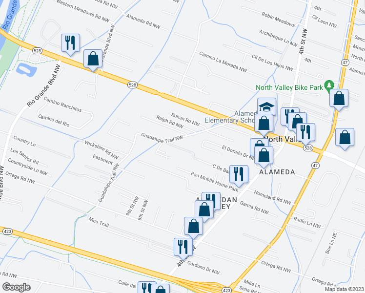 map of restaurants, bars, coffee shops, grocery stores, and more near 9314 Guadalupe Trail Northwest in Albuquerque