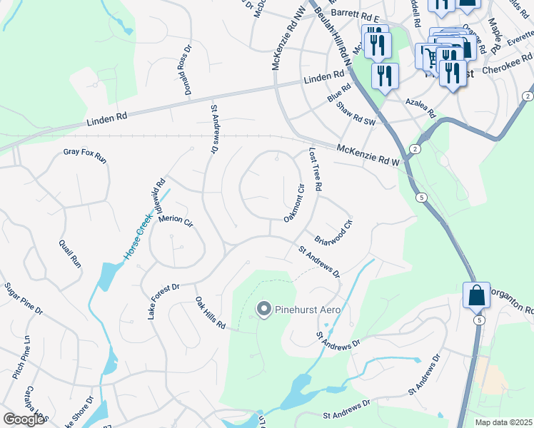 map of restaurants, bars, coffee shops, grocery stores, and more near 165 Oakmont Cir in Pinehurst